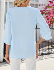 Light Blue Half Sleeve Button V Neck Blouse