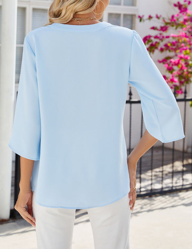 Light Blue Half Sleeve Button V Neck Blouse