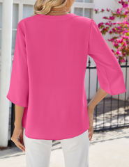 Hot Pink Half Sleeve Button V Neck Blouse