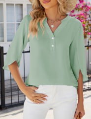 Pea Green Half Sleeve Button V Neck Blouse