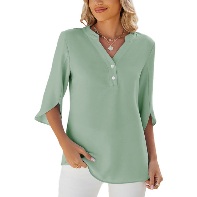 Pea Green Half Sleeve Button V Neck Blouse