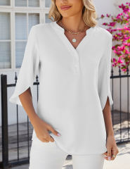 White Half Sleeve Button V Neck Blouse