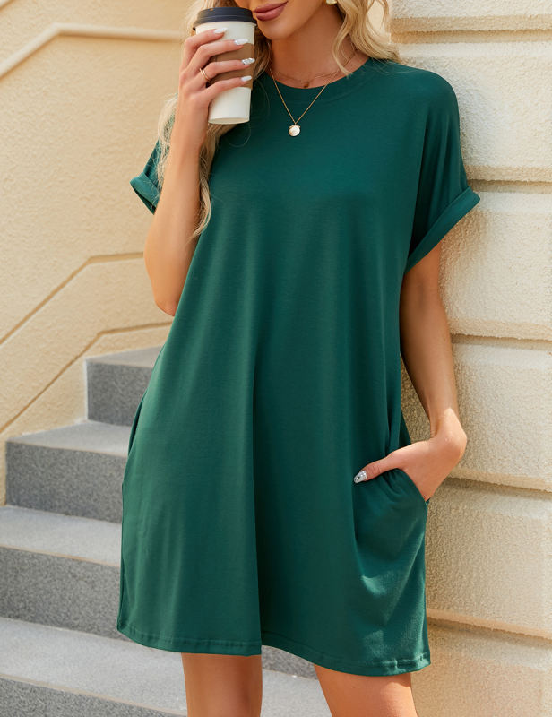 Dark Green Loose Fit Pocket T-shirt Dress