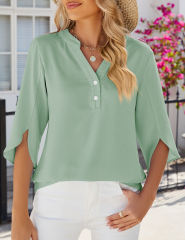 Pea Green Half Sleeve Button V Neck Blouse