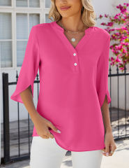 Hot Pink Half Sleeve Button V Neck Blouse