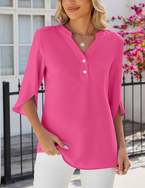 Hot Pink Half Sleeve Button V Neck Blouse