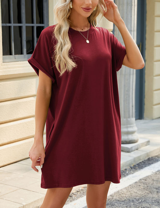 Wine Red Loose Fit Pocket T-shirt Dress