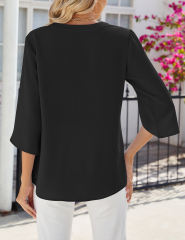Black Half Sleeve Button V Neck Blouse