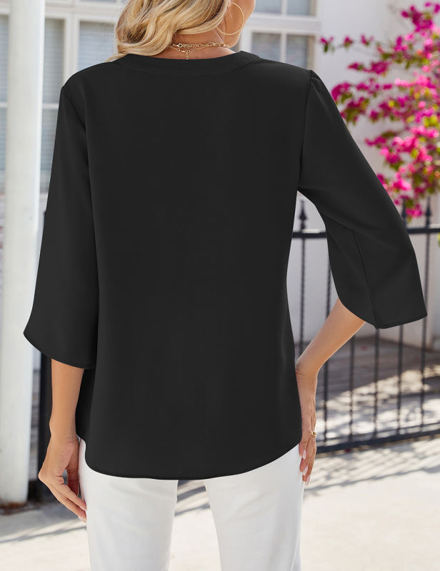 Black Half Sleeve Button V Neck Blouse