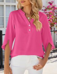 Hot Pink Half Sleeve Button V Neck Blouse