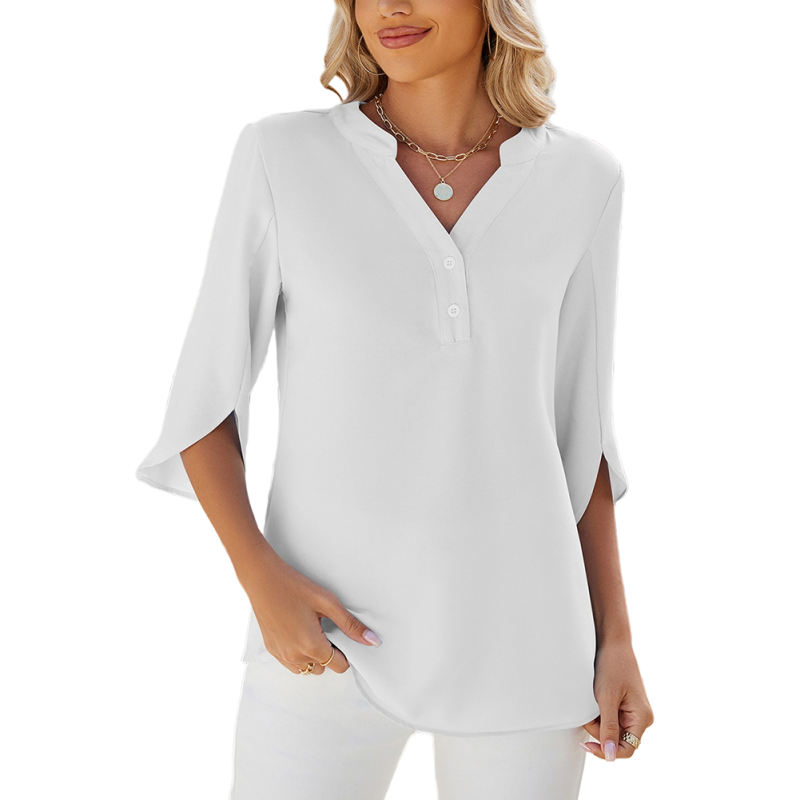 White Half Sleeve Button V Neck Blouse