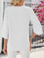 White Half Sleeve Button V Neck Blouse