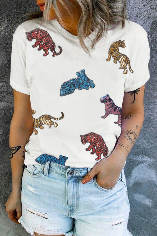 White Shiny Tiger Patch Graphic Summer T-shirt