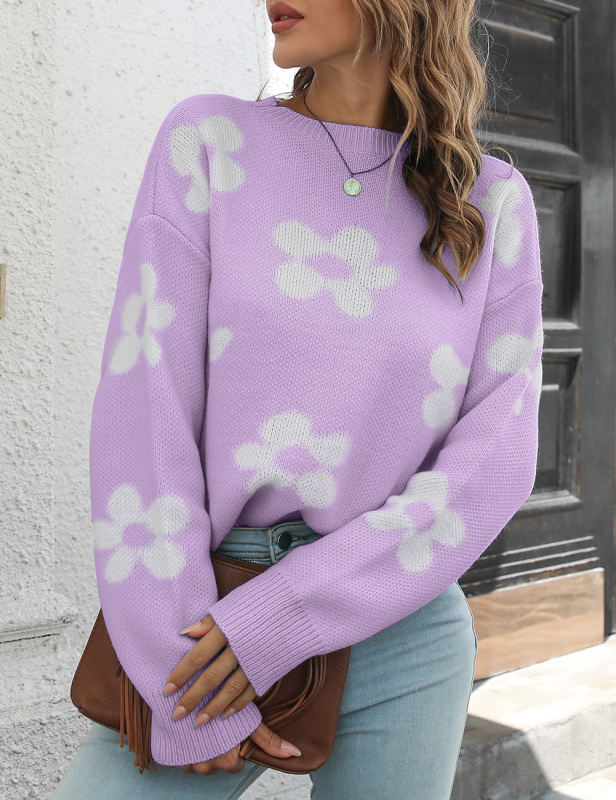 Purple Daisy Jacquard Long Sleeve Knit Sweater