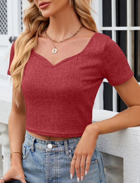 Wine Red Slim Fit V-neckline Crop Top
