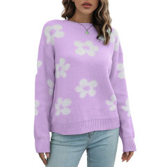 Purple Daisy Jacquard Long Sleeve Knit Sweater