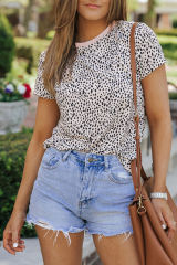 Apricot Cheetah Print O-neck Short Sleeve T Shirt