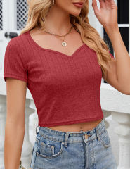 Wine Red Slim Fit V-neckline Crop Top