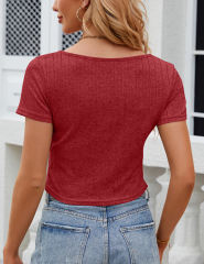 Wine Red Slim Fit V-neckline Crop Top