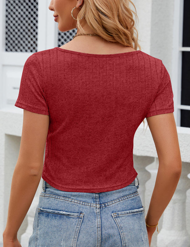 Wine Red Slim Fit V-neckline Crop Top