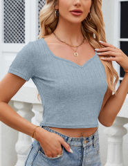 Light Blue Slim Fit V-neckline Crop Top