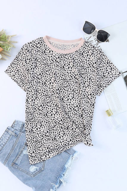 Apricot Cheetah Print O-neck Short Sleeve T Shirt
