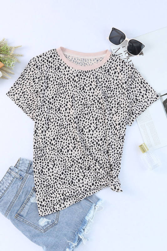 Apricot Cheetah Print O-neck Short Sleeve T Shirt