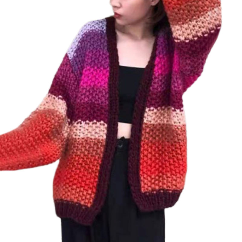 Orange Contrast Rainbow Stripe Open Front Knit Cardigan