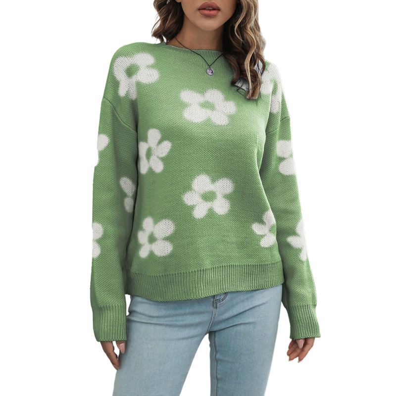 Green Daisy Jacquard Long Sleeve Knit Sweater