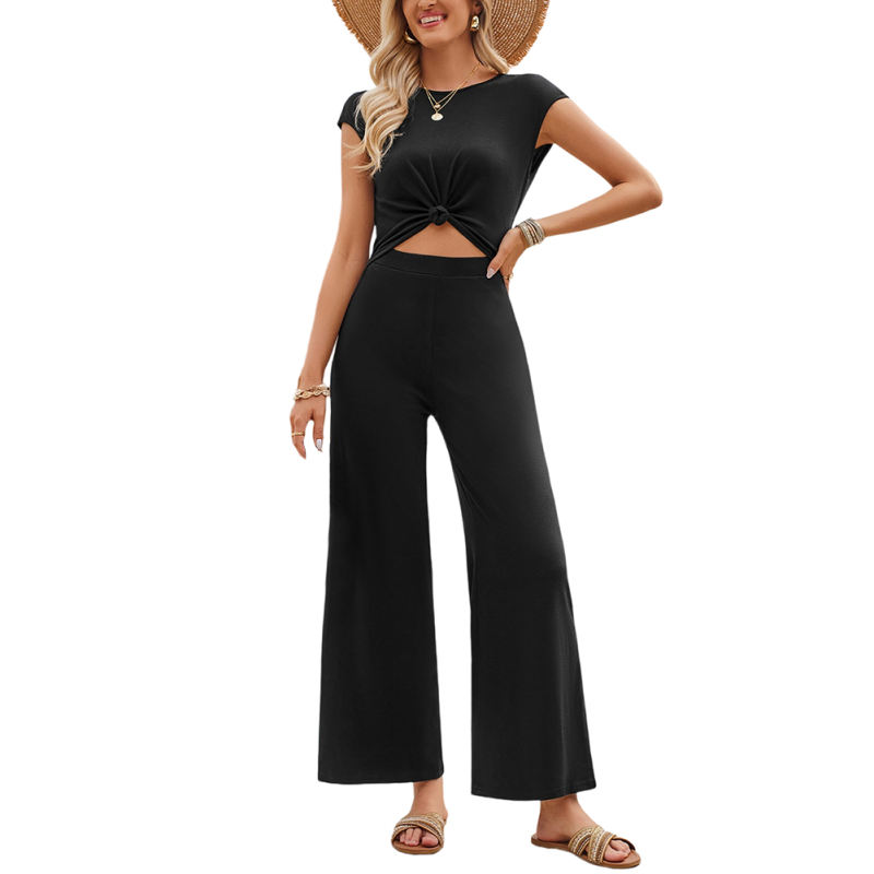 Black Back Lace-up Wide Leg Jumpsuit