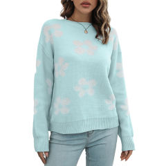 Blue Daisy Jacquard Long Sleeve Knit Sweater