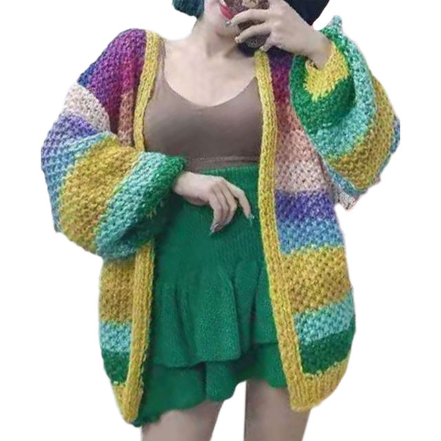 Navy Blue Contrast Rainbow Stripe Open Front Knit Cardigan