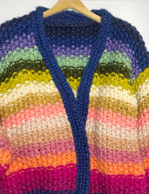 Navy Blue Contrast Rainbow Stripe Open Front Knit Cardigan