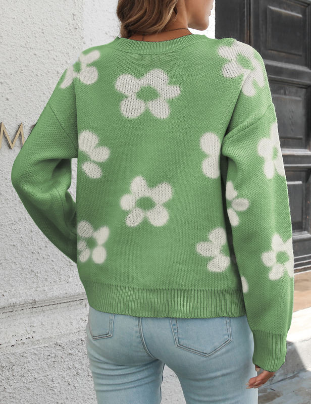 Green Daisy Jacquard Long Sleeve Knit Sweater