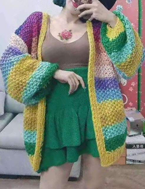 Navy Blue Contrast Rainbow Stripe Open Front Knit Cardigan