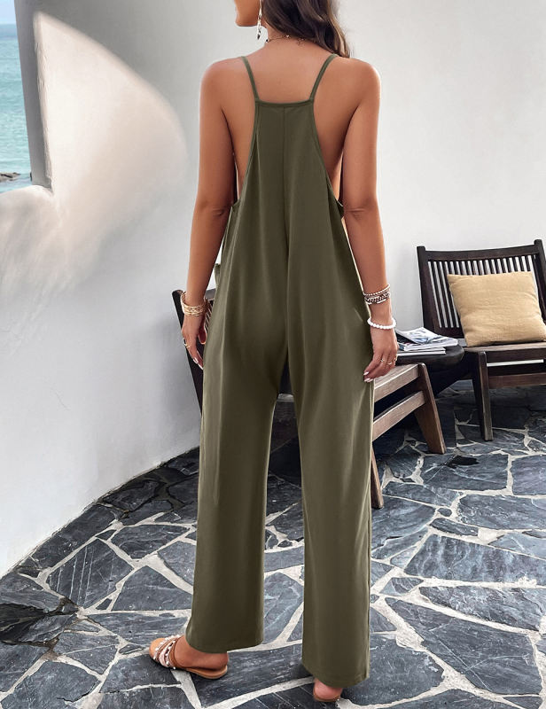 Army Green Spaghetti Straps V Neck Pocket Jumpsuit