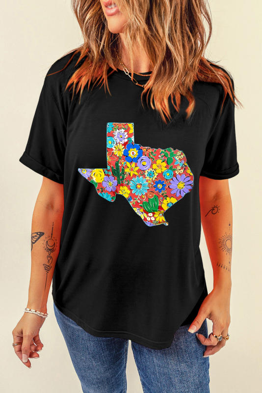 Black Floral Texas Graphic Crewneck T Shirt