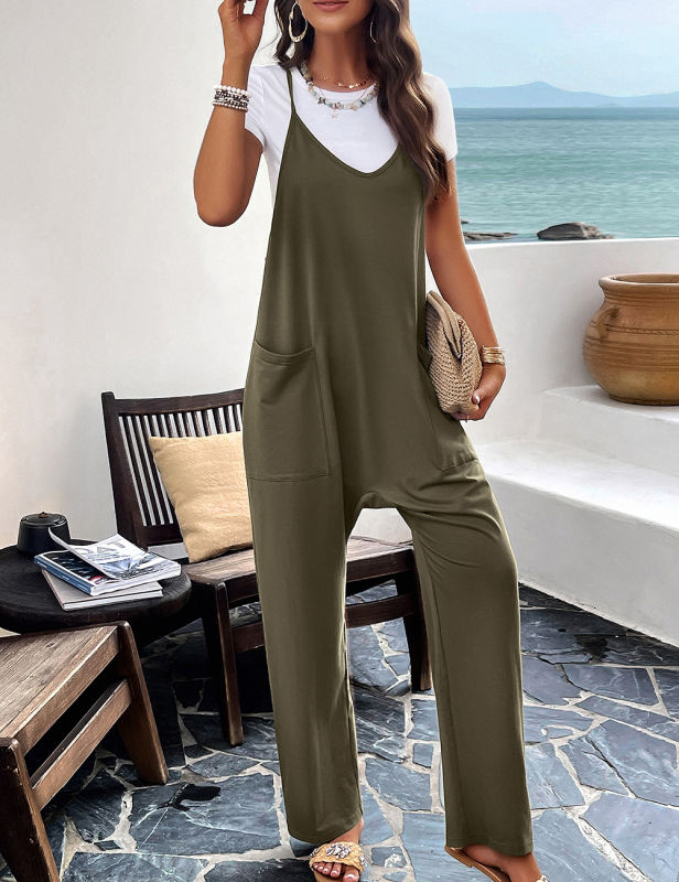 Army Green Spaghetti Straps V Neck Pocket Jumpsuit