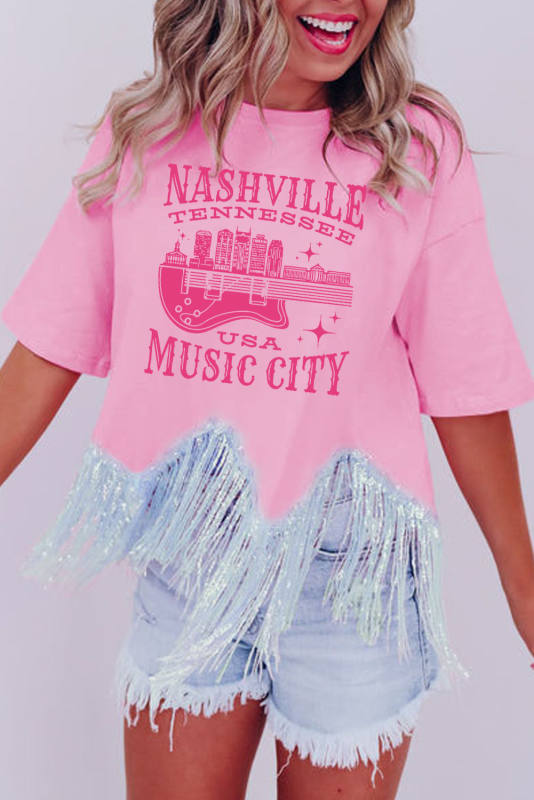 Pink NASHVILE MUSIC CITY Graphic Sequin Fringed Hem Tee