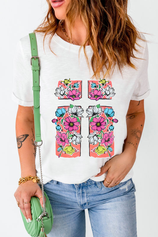 White Floral Crossed Graphic Easter Round Neck T Shirt
