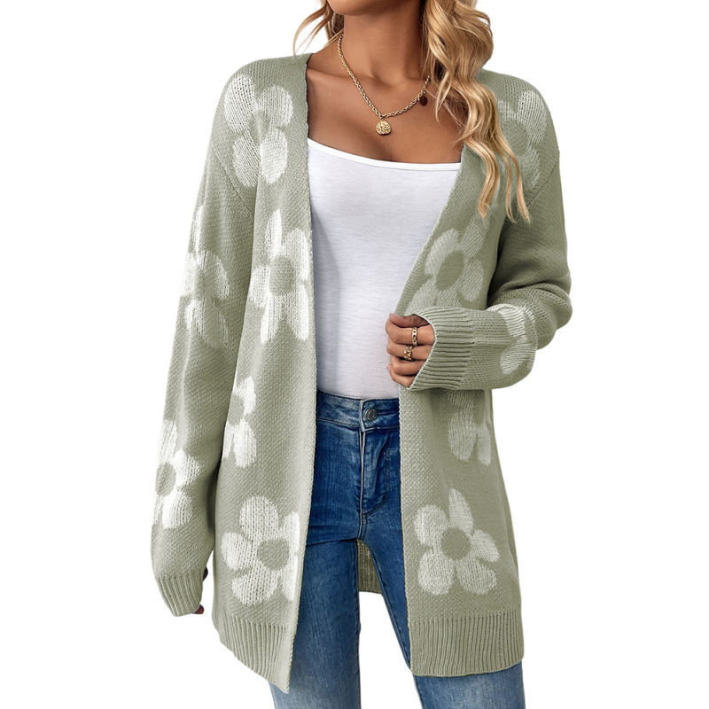 Green Contrast Floral Loose Fit Knit Cardigan