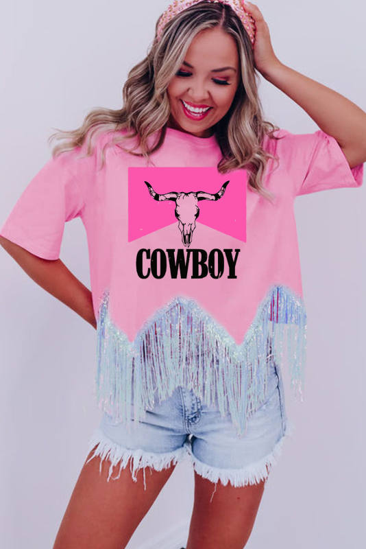 Pink COWBOY Western Fashion Print Sequin Fringed Hem Tee