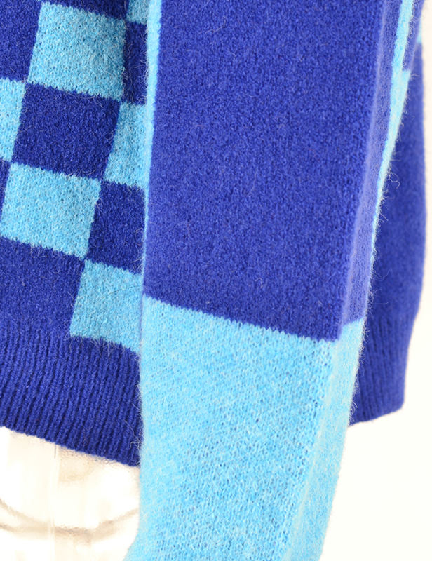 Blue Checkered Print Knit Button Cardigan
