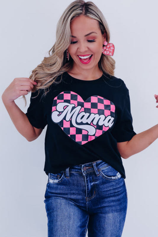 Black Mama Checkered Heart Shape Print Crewneck T Shirt