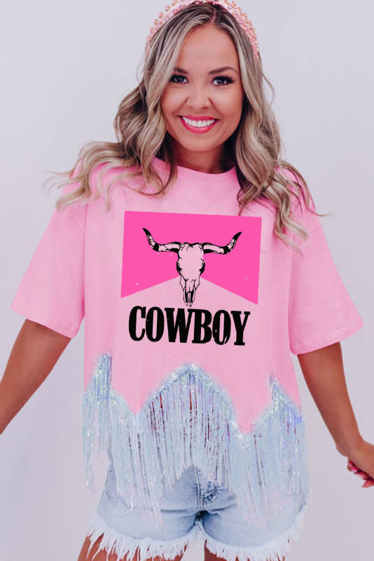 Pink COWBOY Western Fashion Print Sequin Fringed Hem Tee