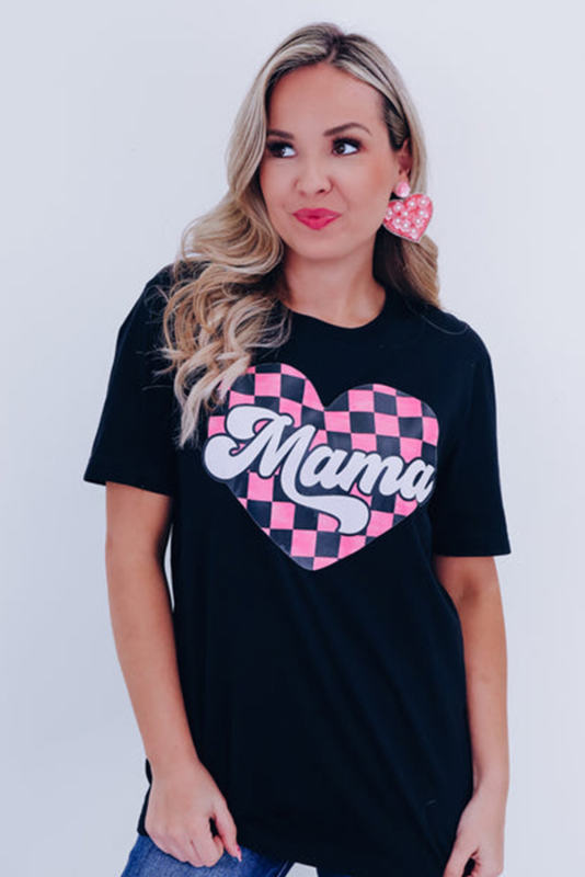 Black Mama Checkered Heart Shape Print Crewneck T Shirt