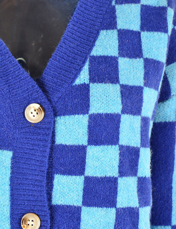 Blue Checkered Print Knit Button Cardigan