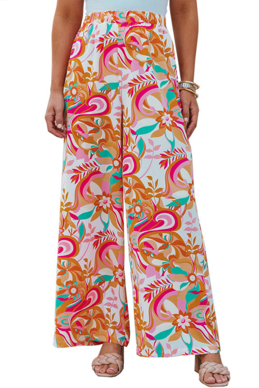 Orange Floral Print Wide Leg Pants