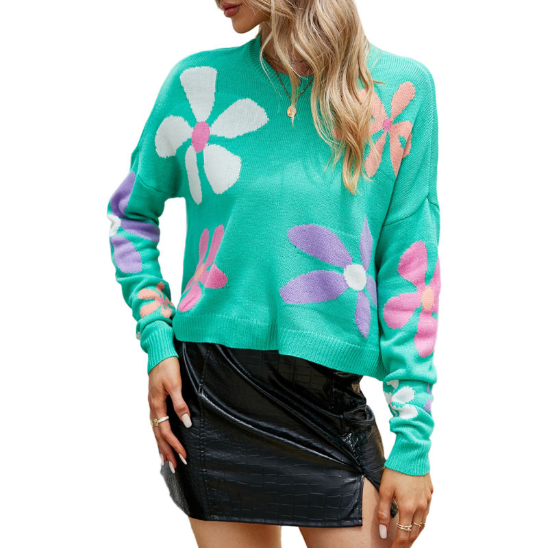 Blue-Green Sweet Floral Pullover Knit Sweater