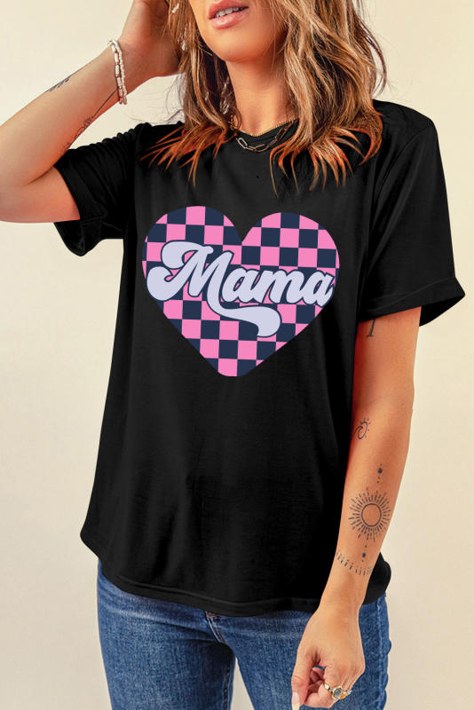 Black Mama Checkered Heart Shape Print Crewneck T Shirt